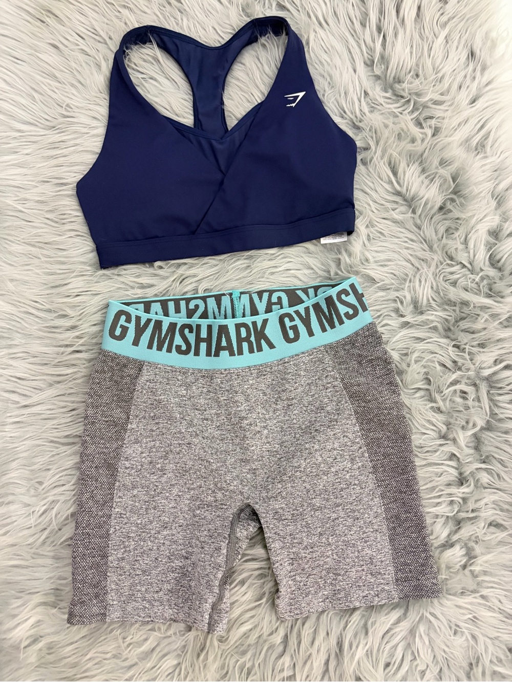 Gymshark Navy Sports Bra and Grey Bike Shorts with Mint Waistband